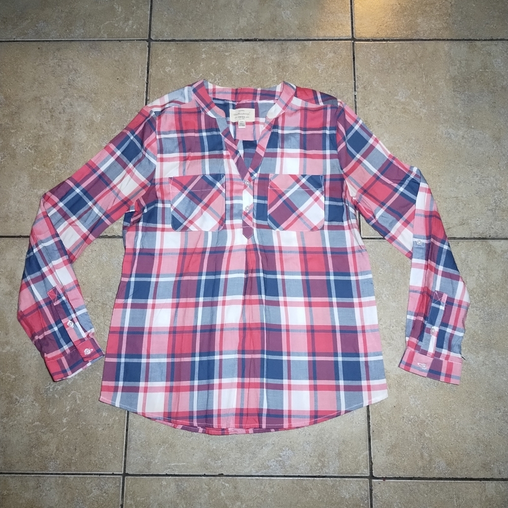 Original Weatherproof Vintage Women's Plaid V-Neck Lightweight Shirt Size Small
